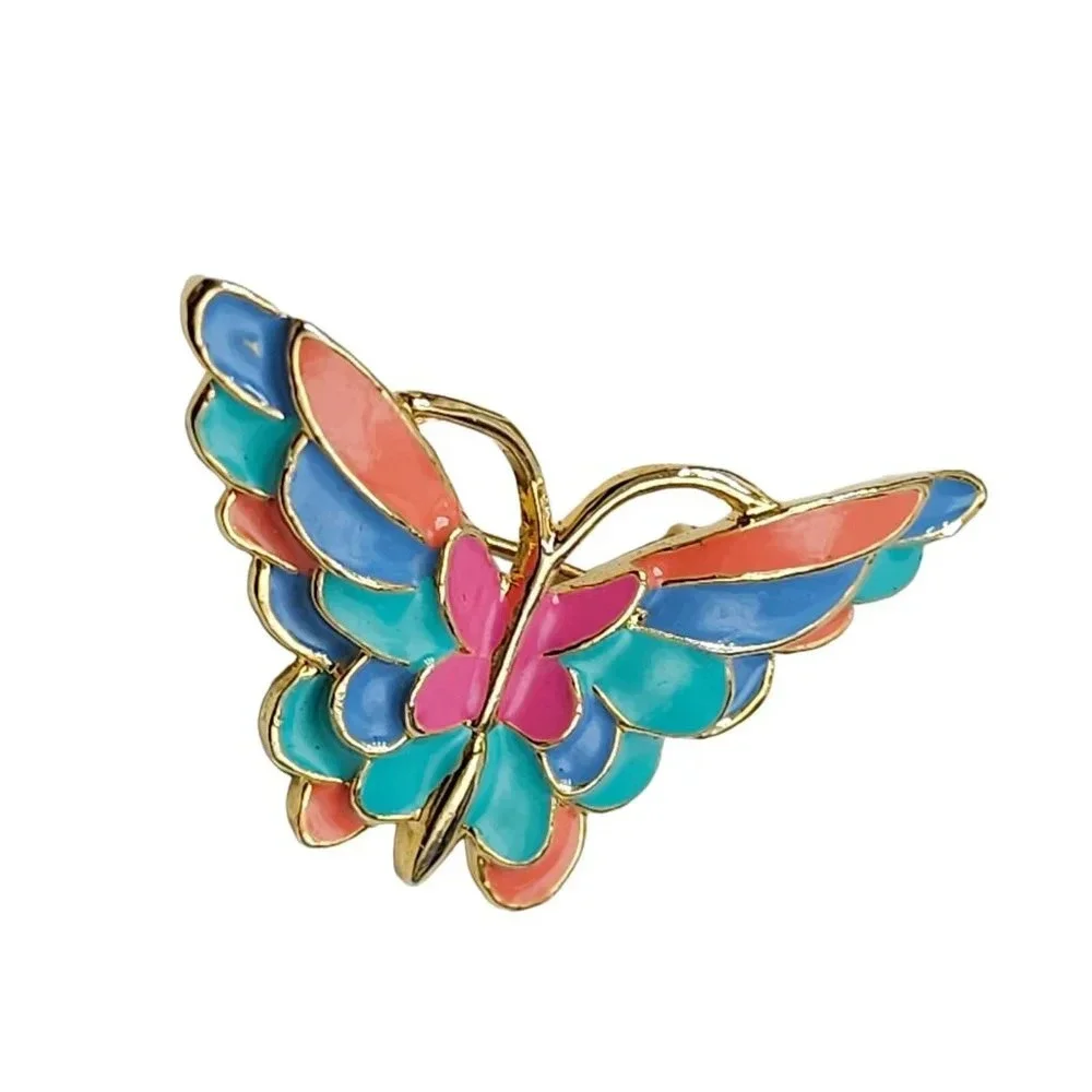 Pastel Multicolored Enamel Butterfly Brooch Pin Gold Tone Vintage